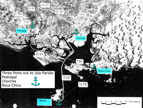 Larger area map showing Isla Parida and three local ports of call